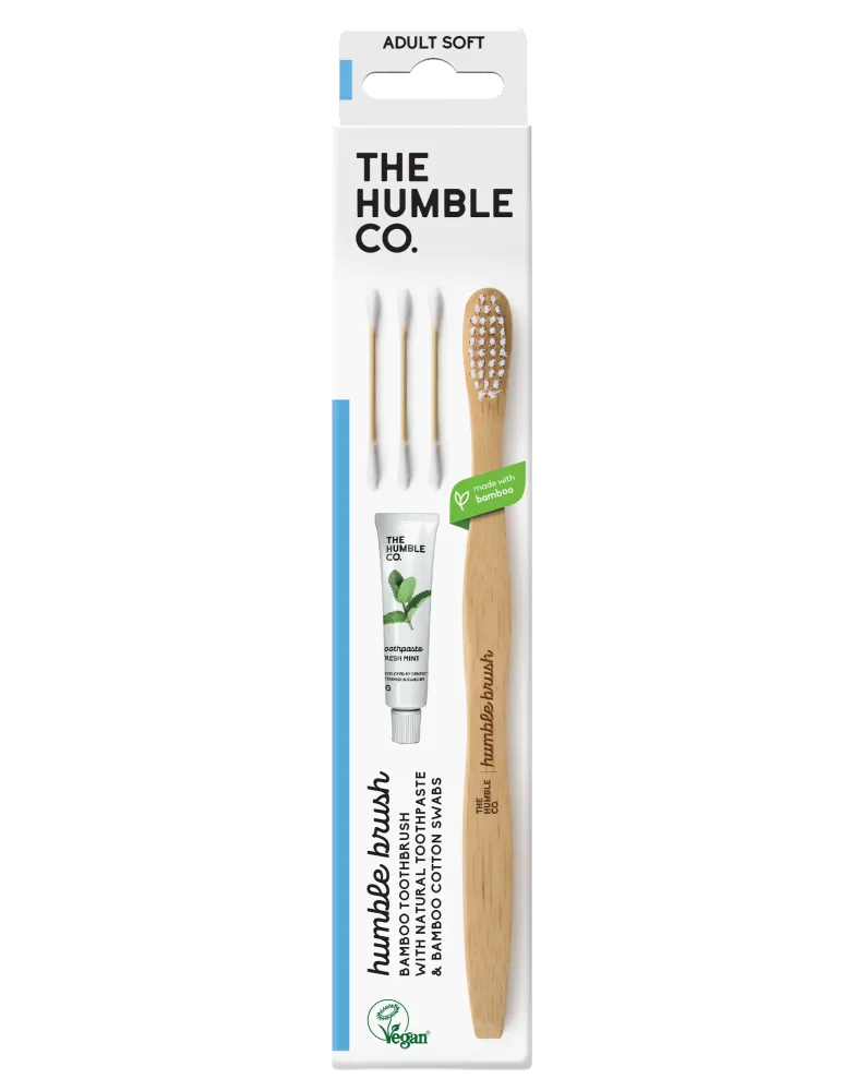 Kit dental ecológico de hotel con bastoncillos The Humble Co. Kit de higiene de hotel Cepillo, pasta de dientes y bastoncillos