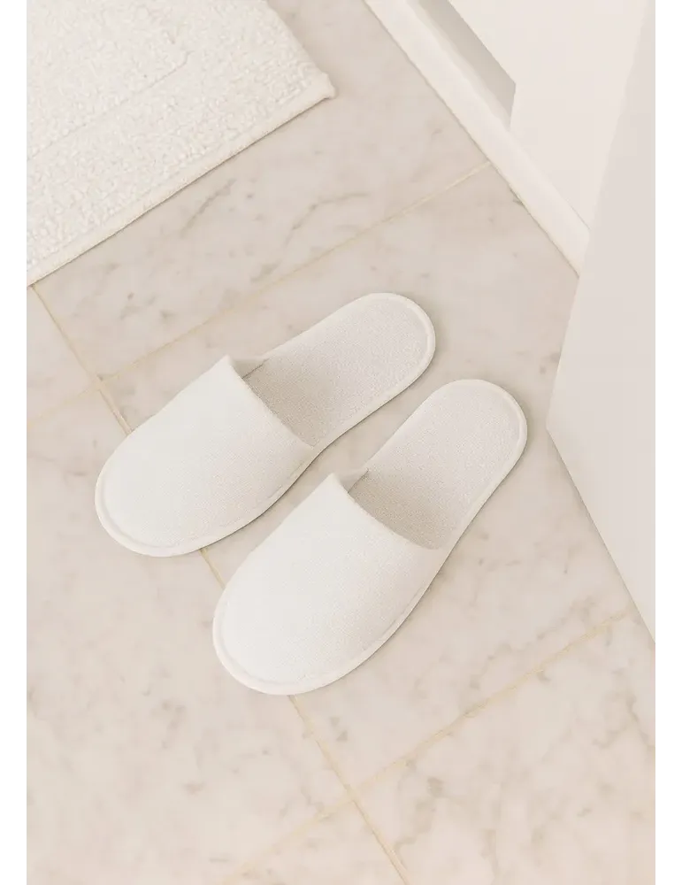 Plastic-Free White Terry Hotel Slippers | Merveyl