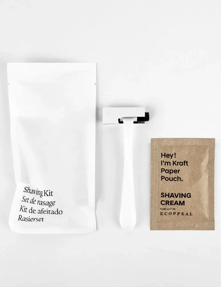 Set de afeitado de hotel vegetal en bolsa de papel kraft blanco | Merveyl